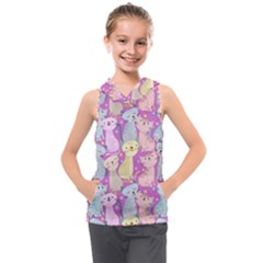 Colorful Cute Cat Seamless Pattern Purple Background Kids  Sleeveless Hoodie by Vaneshart