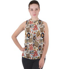 Music Retro Seamless Pattern Mock Neck Chiffon Sleeveless Top by Vaneshart