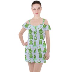 Cute Green Frogs Seamless Pattern Ruffle Cut Out Chiffon Playsuit by Vaneshart