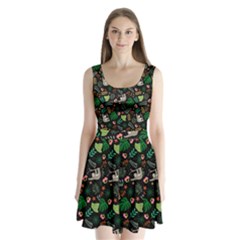 Floral Pattern With Plants Sloth Flowers Black Backdrop Split Back Mini Dress  by Vaneshart