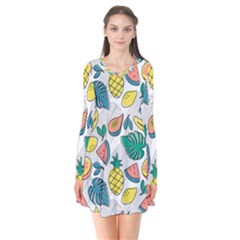 Seamless Pattern Tropical Fruit Banana Watermelon Papaya Lemon Orange Monstera Long Sleeve V-neck Flare Dress by Vaneshart