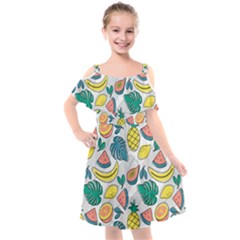 Seamless Pattern Tropical Fruit Banana Watermelon Papaya Lemon Orange Monstera Kids  Cut Out Shoulders Chiffon Dress by Vaneshart