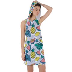 Seamless Pattern Tropical Fruit Banana Watermelon Papaya Lemon Orange Monstera Racer Back Hoodie Dress by Vaneshart