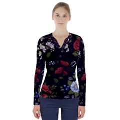 Floral Folk Fashion Ornamental Embroidery Pattern V-neck Long Sleeve Top by Vaneshart