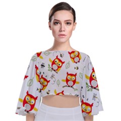 Seamless Pattern Vector Owl Cartoon With Bugs Tie Back Butterfly Sleeve Chiffon Top by Vaneshart