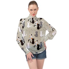 Cute Cat Seamless Pattern High Neck Long Sleeve Chiffon Top by Vaneshart