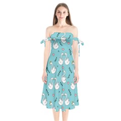 Elegant-swan-pattern-design Shoulder Tie Bardot Midi Dress by Vaneshart