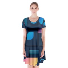 Gradient Geometric Shapes Dark Background Short Sleeve V-neck Flare Dress by Vaneshart