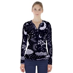 Vector-set-sketch-drawn-with-space V-neck Long Sleeve Top by Vaneshart