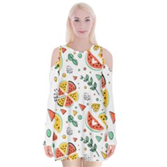 Seamless-hipster-pattern-with-watermelons-mint-geometric-figures Velvet Long Sleeve Shoulder Cutout Dress by Vaneshart