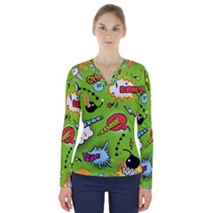 Modern-comics-background-pattern-with-bombs-lightening-jagged-clouds-speech-bubbles V-neck Long Sleeve Top by Vaneshart