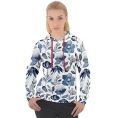 Indigo Watercolor Floral Seamless Pattern Women s Overhead Hoodie by BangZart