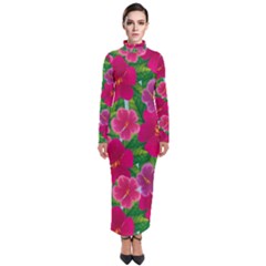 Background Cute Flowers Fuchsia With Leaves Turtleneck Maxi Dress by BangZart