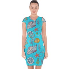 Colored Sketched Sea Elements Pattern Background Sea Life Animals Illustration Capsleeve Drawstring Dress  by BangZart