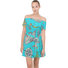 Colored Sketched Sea Elements Pattern Background Sea Life Animals Illustration Off Shoulder Chiffon Dress by BangZart