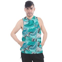 Sea Waves Seamless Pattern Men s Sleeveless Hoodie by BangZart