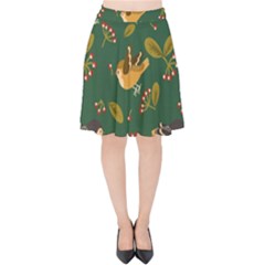 Cute Seamless Pattern Bird With Berries Leaves Velvet High Waist Skirt by BangZart