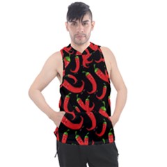 Seamless Vector Pattern Hot Red Chili Papper Black Background Men s Sleeveless Hoodie by BangZart