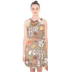 Vector Seamless Pattern With Doodle Coffee Equipment Halter Collar Waist Tie Chiffon Dress by BangZart