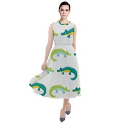 Cute Cartoon Alligator Kids Seamless Pattern With Green Nahd Drawn Crocodiles Round Neck Boho Dress by BangZart