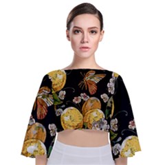 Embroidery Blossoming Lemons Butterfly Seamless Pattern Tie Back Butterfly Sleeve Chiffon Top by BangZart