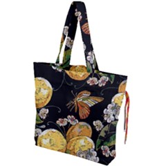 Embroidery Blossoming Lemons Butterfly Seamless Pattern Drawstring Tote Bag by BangZart