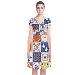 Mexican Talavera Pattern Ceramic Tiles With Flower Leaves Bird Ornaments Traditional Majolica Style Short Sleeve Front Wrap Dress by BangZart