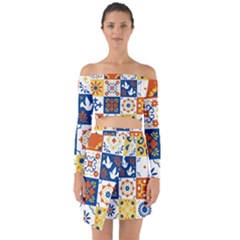 Mexican Talavera Pattern Ceramic Tiles With Flower Leaves Bird Ornaments Traditional Majolica Style Off Shoulder Top With Skirt Set by BangZart