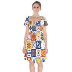 Mexican Talavera Pattern Ceramic Tiles With Flower Leaves Bird Ornaments Traditional Majolica Style Short Sleeve Bardot Dress by BangZart