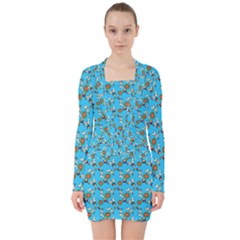 Clown Ghost Pattern Blue V-neck Bodycon Long Sleeve Dress by snowwhitegirl