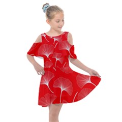 White Abstract Flowers On Red Kids  Shoulder Cutout Chiffon Dress by Dushan