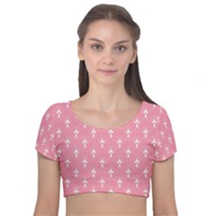 White And Pink Art-deco Pattern Velvet Short Sleeve Crop Top  by Dushan