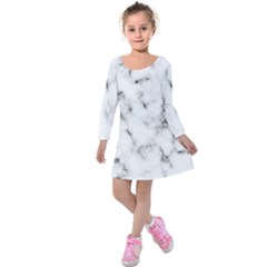 White Faux Marble Texture  Kids  Long Sleeve Velvet Dress by Dushan