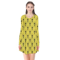 Art-decoyellow Long Sleeve V-neck Flare Dress by Dushan