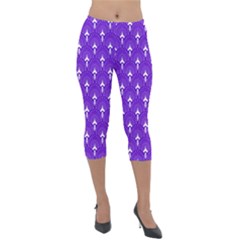 White And Purple Art-deco Pattern Lightweight Velour Capri Leggings  by Dushan