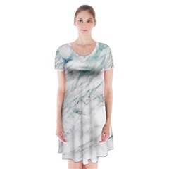 Gray Faux Marble Blue Accent Short Sleeve V-neck Flare Dress by Dushan