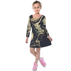 Black And Gold Marble Kids  Long Sleeve Velvet Dress by Dushan