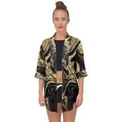 Black And Gold Marble Open Front Chiffon Kimono by Dushan