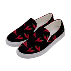 Red, Hot Jalapeno Peppers, Chilli Pepper Pattern At Black, Spicy Women s Canvas Slip Ons by Casemiro