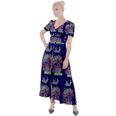 Jaw Dropping Horror Hippie Skull Button Up Short Sleeve Maxi Dress by DinzDas