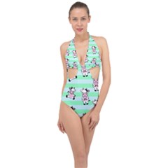 Cow Pattern Halter Front Plunge Swimsuit by designsbymallika