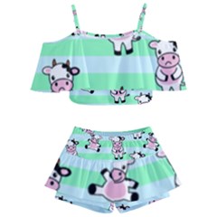 Cow Pattern Kids  Off Shoulder Skirt Bikini by designsbymallika