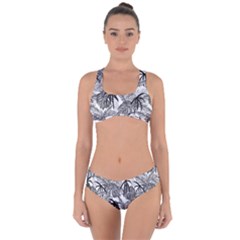 Black And White Leafs Pattern, Tropical Jungle, Nature Themed Criss Cross Bikini Set by Casemiro