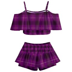 Dark Purple, Violet Tartan, Buffalo Plaid Like Pattern Kids  Off Shoulder Skirt Bikini by Casemiro