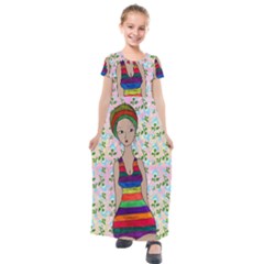 Tan Swimmer Flowerwall Kids  Short Sleeve Maxi Dress by snowwhitegirl