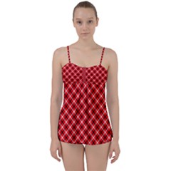 Three Color Tartan, Red Grey, Black Buffalo Plaid Theme Babydoll Tankini Set by Casemiro