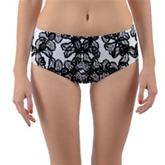 Stylized Botanical Motif Black And White Print Reversible Mid-waist Bikini Bottoms by dflcprintsclothing