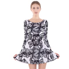 Stylized Botanical Motif Black And White Print Long Sleeve Velvet Skater Dress by dflcprintsclothing