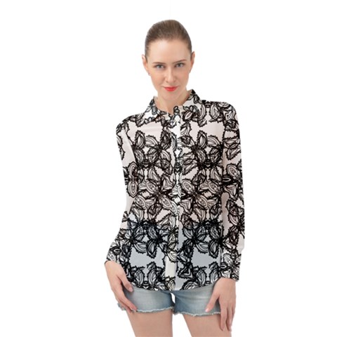 Stylized Botanical Motif Black And White Print Long Sleeve Chiffon Shirt by dflcprintsclothing