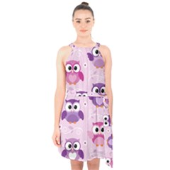 Seamless Cute Colourfull Owl Kids Pattern Halter Collar Waist Tie Chiffon Dress by Amaryn4rt